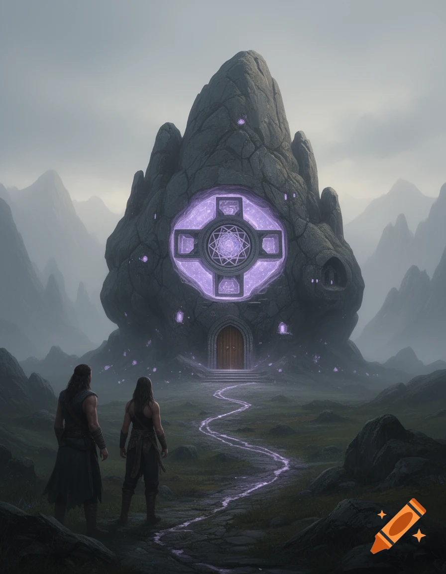 Two figures face a large, glowing rock dwelling with a winding violet path in a misty fantasy landscape under a cloudy sky.