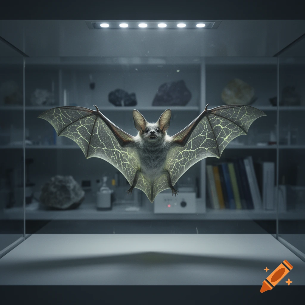 A grey bat with glowing, veined wings floats in a glass display case in a dimly lit laboratory.