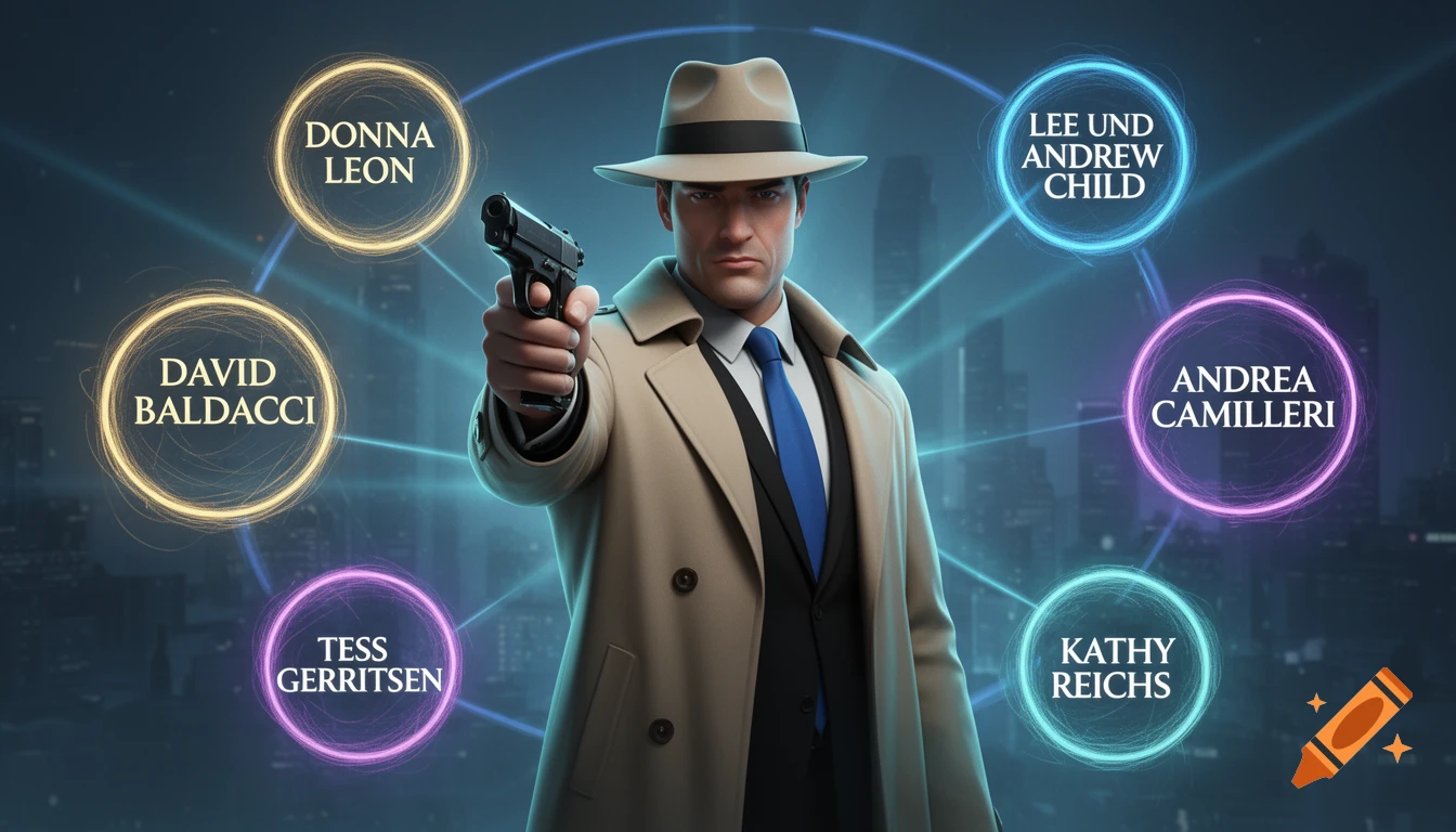 A man in a trench coat and fedora aims a pistol, surrounded by glowing neon circles with names like Donna Leon and David Baldacci.