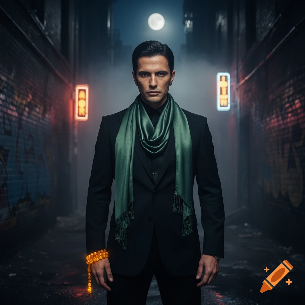A man in a black suit and green scarf stands in a dark, foggy alley under a full moon, wearing a glowing amber beaded bracelet.
