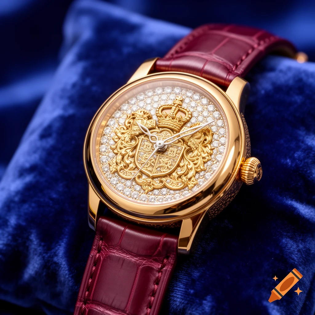Luxurious gold watch with a diamond-studded face and ornate gold crest, featuring a burgundy leather strap, resting on blue velvet.