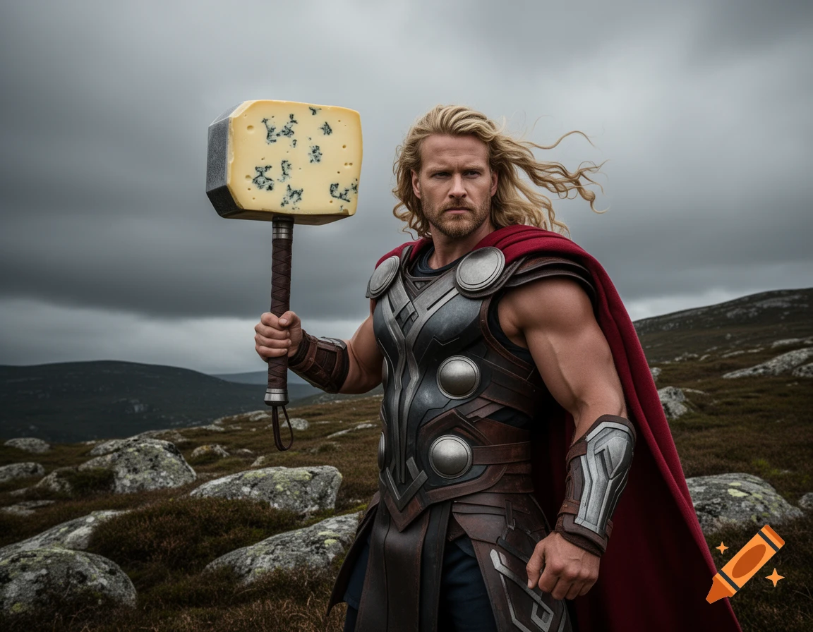 Photorealistic image of Thor, with long blonde hair and a red cape, holding a hammer with a blue cheese head, standing in a rocky, overcast landscape.