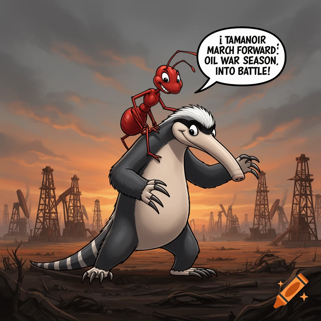 A cartoon red ant on the back of a tamanoir anteater, in front of a desolate landscape with oil rigs at sunset. The ant speaks of 'Oil War Season'.