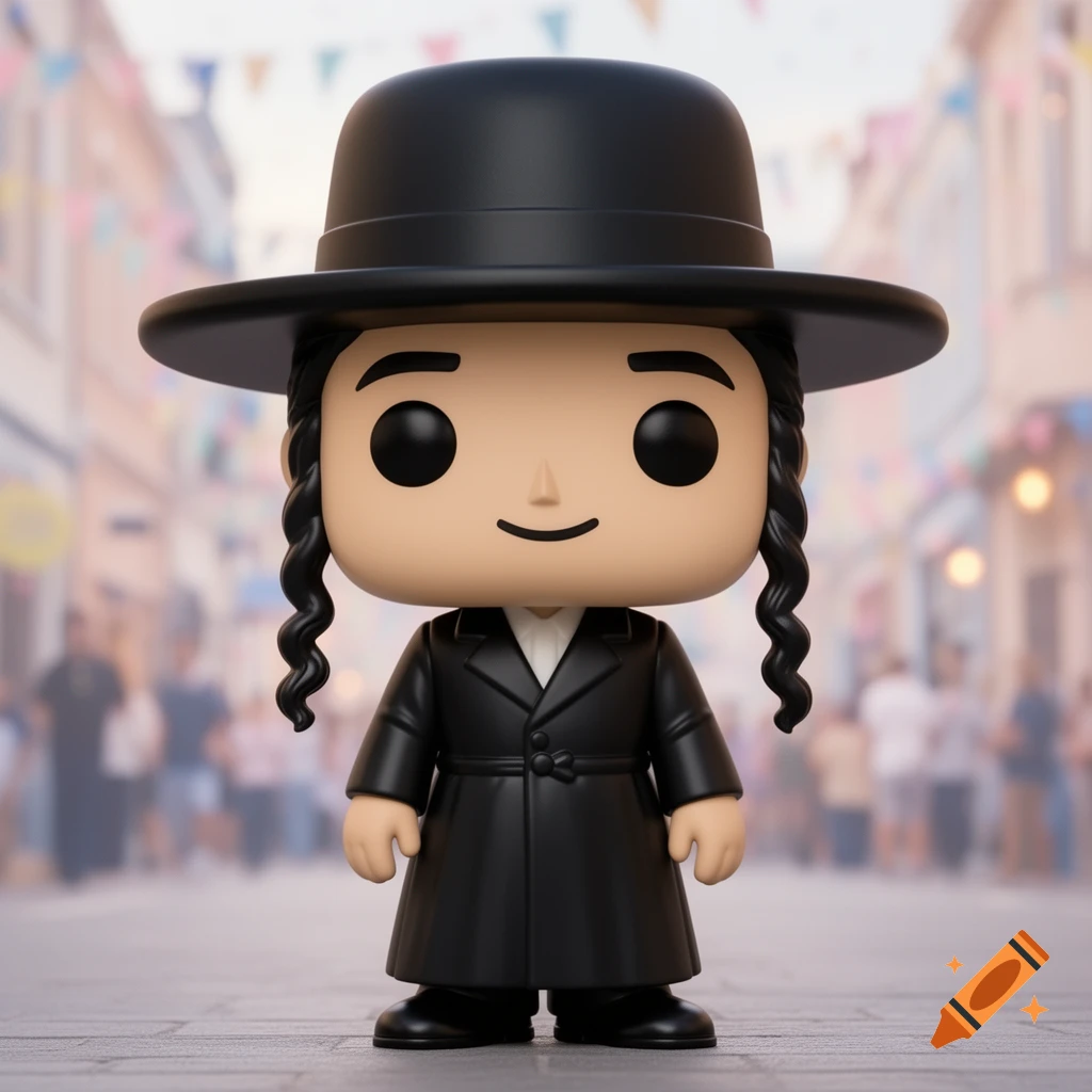 A Funko Pop figure of a Hasidic man in a black hat and coat, standing on a street.
