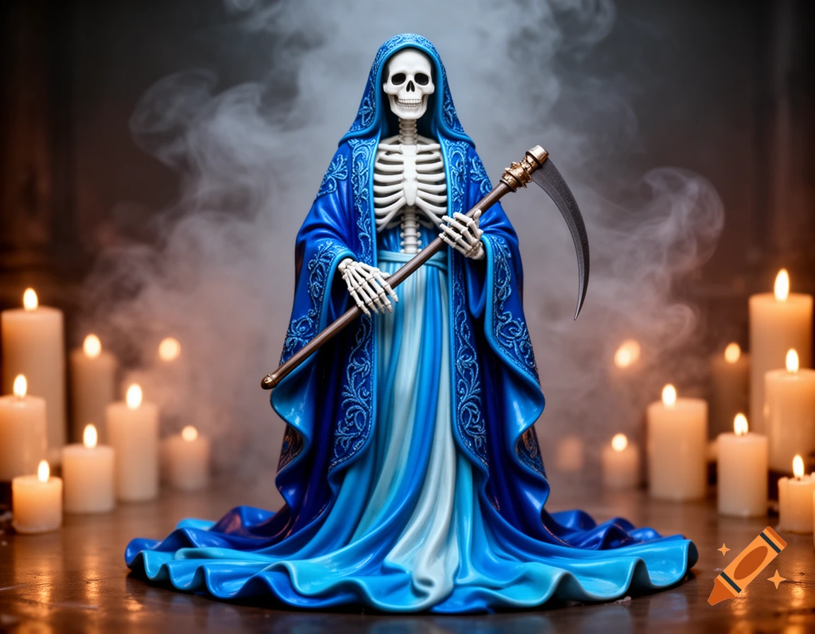 A photorealistic figurine of a skeleton figure in a blue hooded robe, holding a scythe, surrounded by smoke and lit candles.