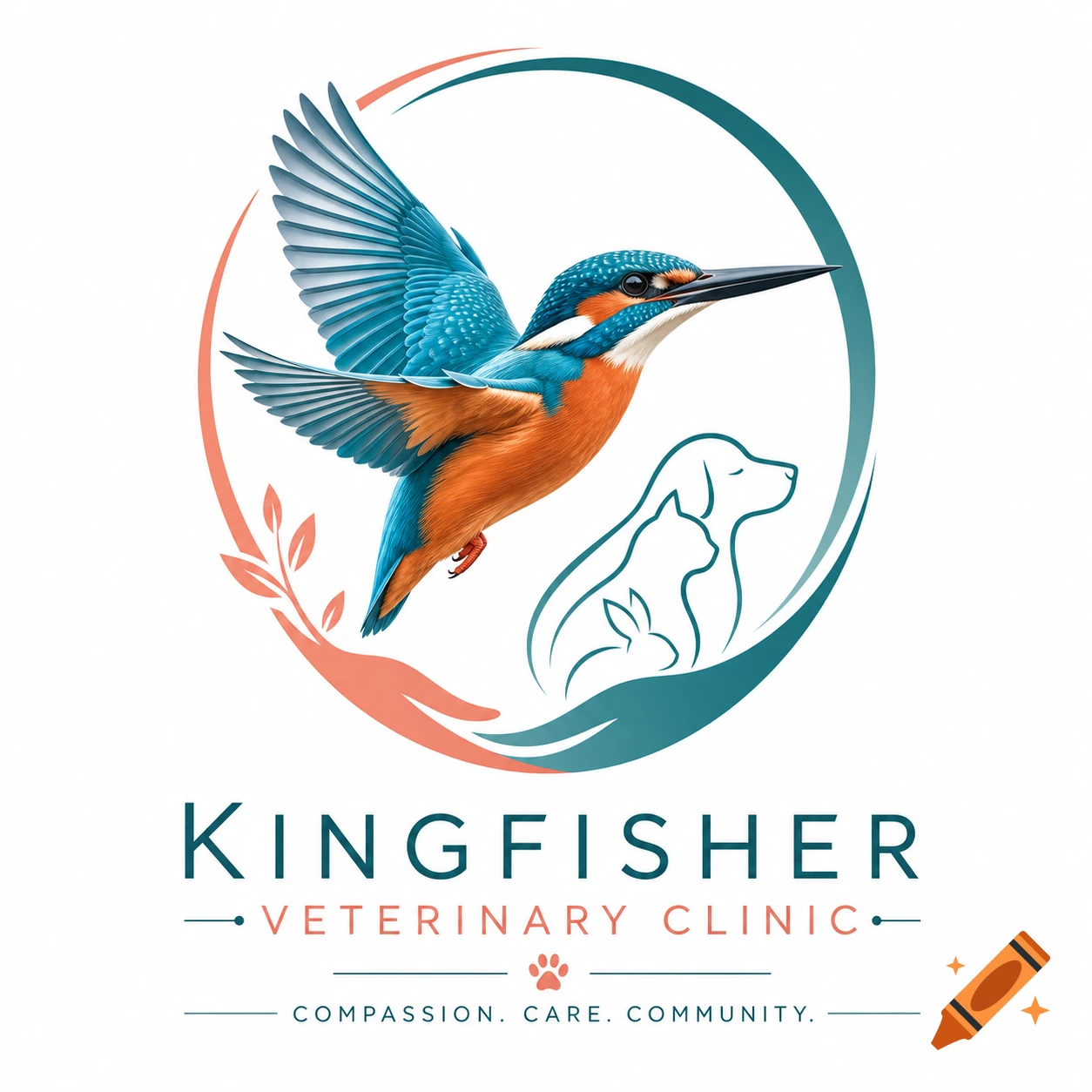Logo for Kingfisher Veterinary Clinic with a vibrant kingfisher, outlines of a dog, cat, and rabbit, and the motto 'Compassion. Care. Community.'