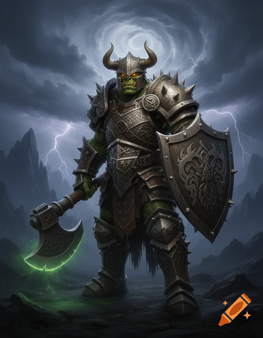 A formidable green-skinned orc knight in spiked armor, holding a glowing axe and shield, stands under a stormy, lightning-filled sky.