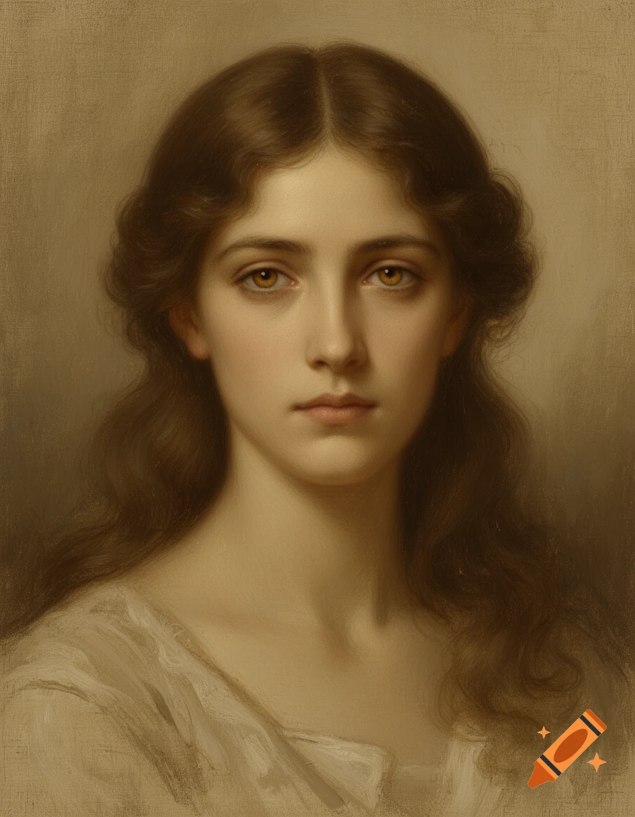 A digital painting portrait of a young woman with long brown hair and hazel eyes, in the style of a late 19th-century painting.
