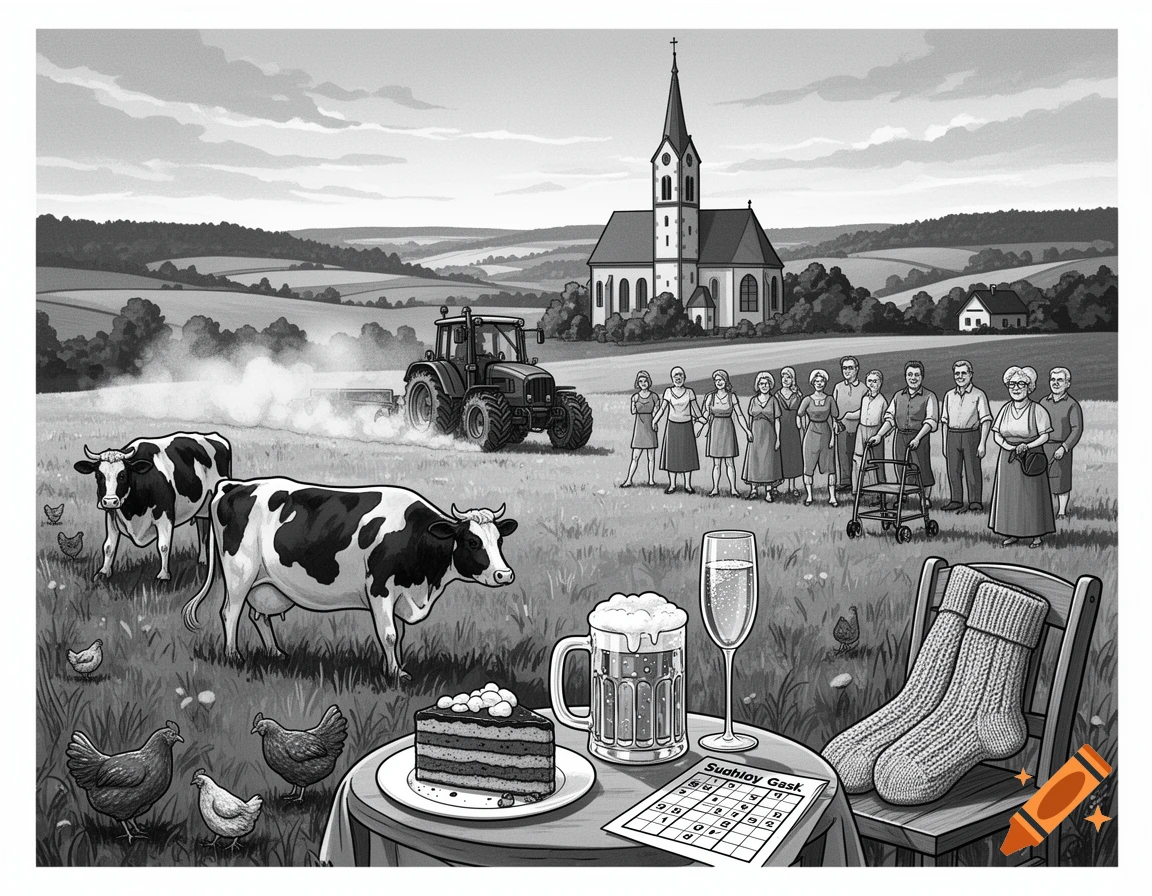 Black and white illustration of a rural landscape featuring a church, tractor, cows, chickens, a group of people, and a foreground table with cake, beer, and a Sudoku-like puzzle.