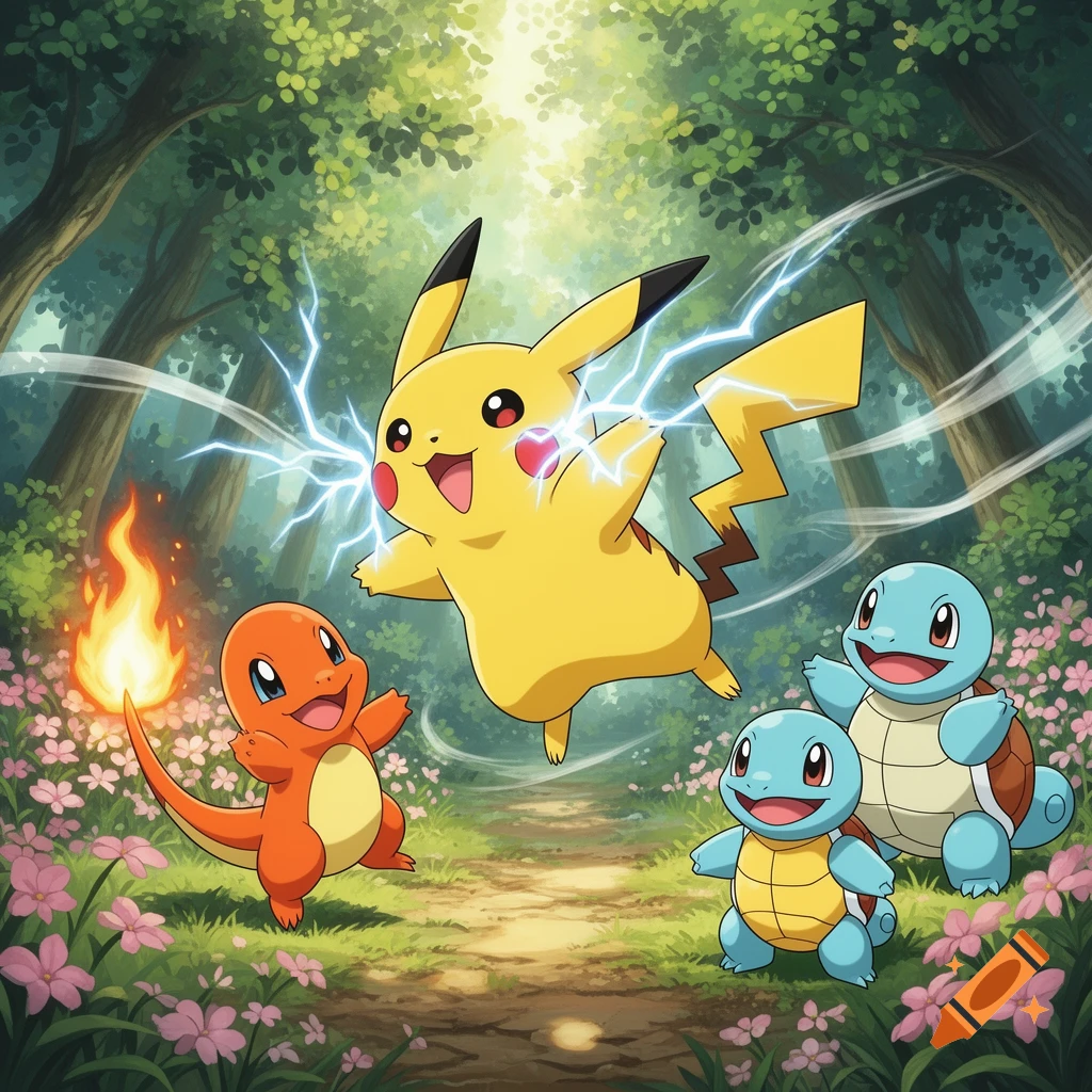 Pikachu emits lightning while floating above Charmander and two Squirtle on a forest path with pink flowers, in a cartoon style.
