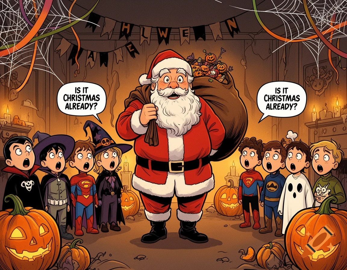 Comic illustration of Santa Claus at a Halloween party, surprising kids in costumes like a vampire, witch, and superheroes, amidst pumpkins and spiderwebs.