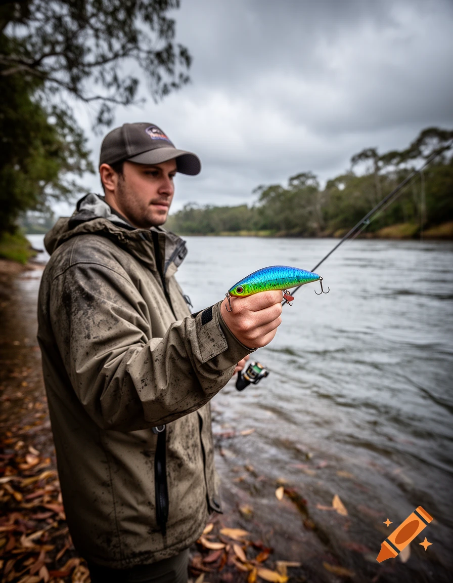 A man in a jacket and cap holds a colorful fishing lure while standing by a river on a cloudy day.