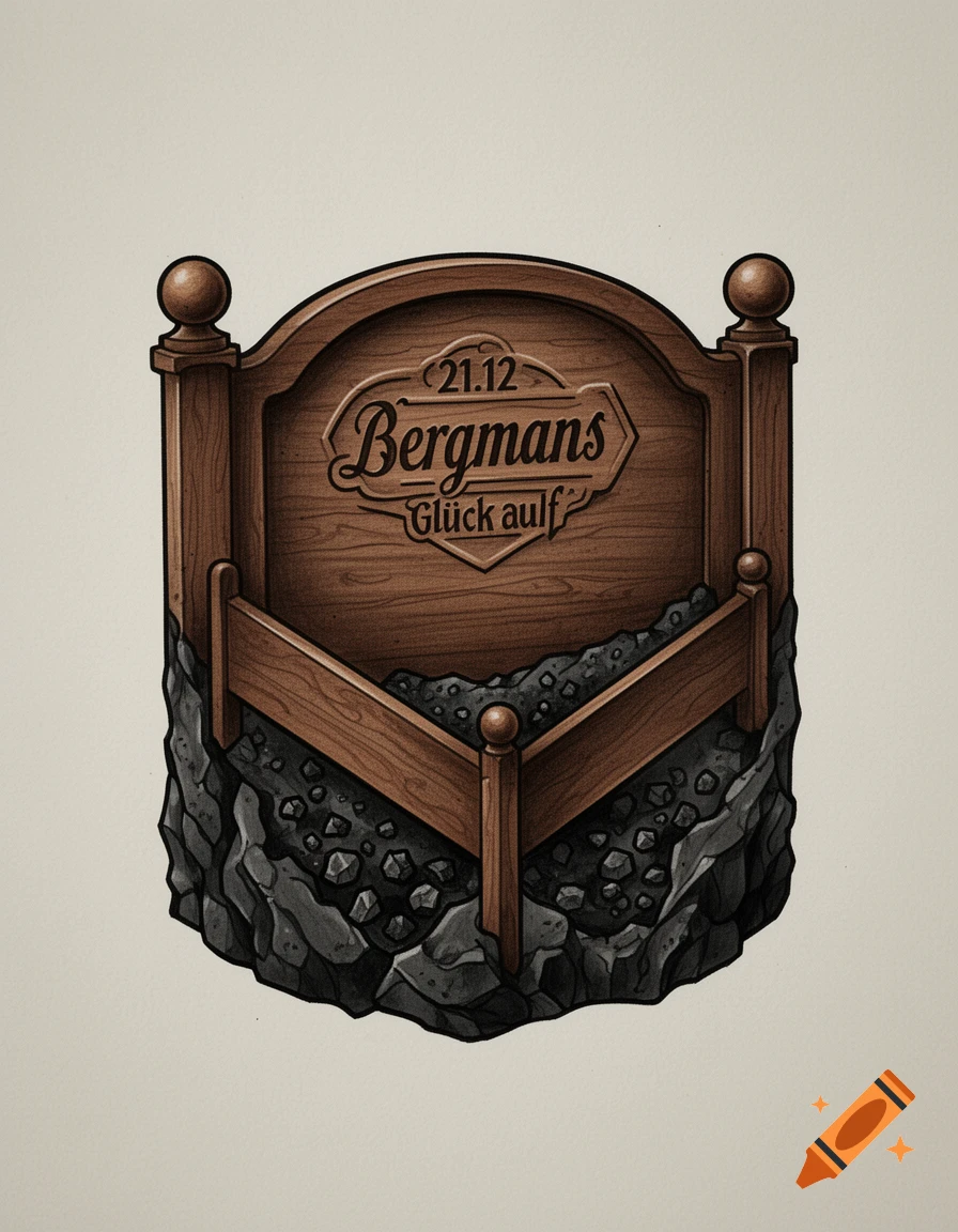 Tattoo design of a wooden bed headboard with '21.12 Bergmans Gl ck auf' text, transitioning into coal and rocks, in an illustrative style.