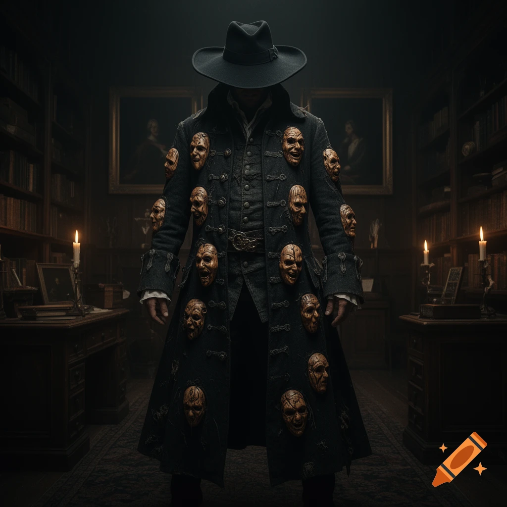 A dark figure in a long, black 1800s-style coat covered in dozens of creepy wooden masks stands in a dimly lit library.