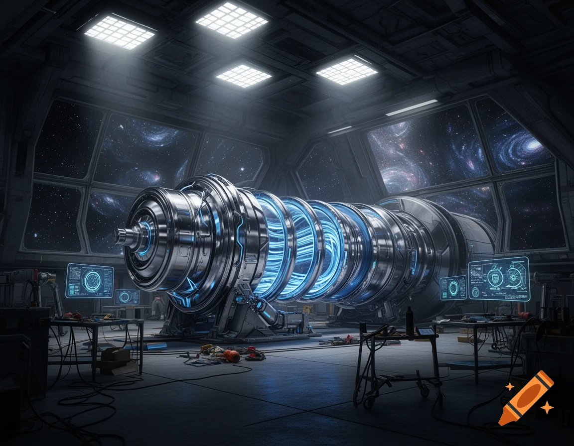 A large, glowing blue and silver futuristic machine inside a spaceship hangar with galaxies visible through large windows.