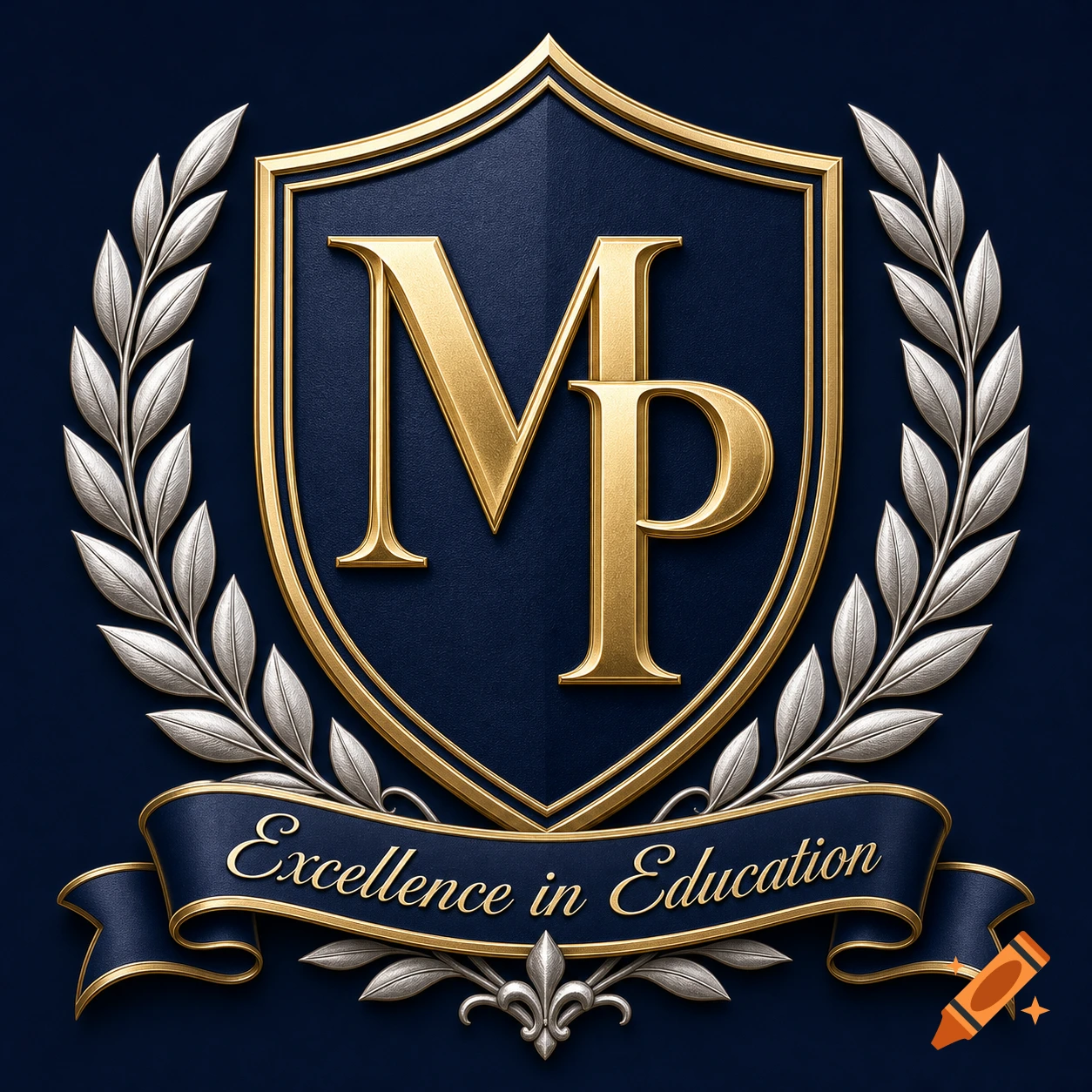Gold and silver MP logo on a blue shield with olive branches and 'Excellence in Education' banner.