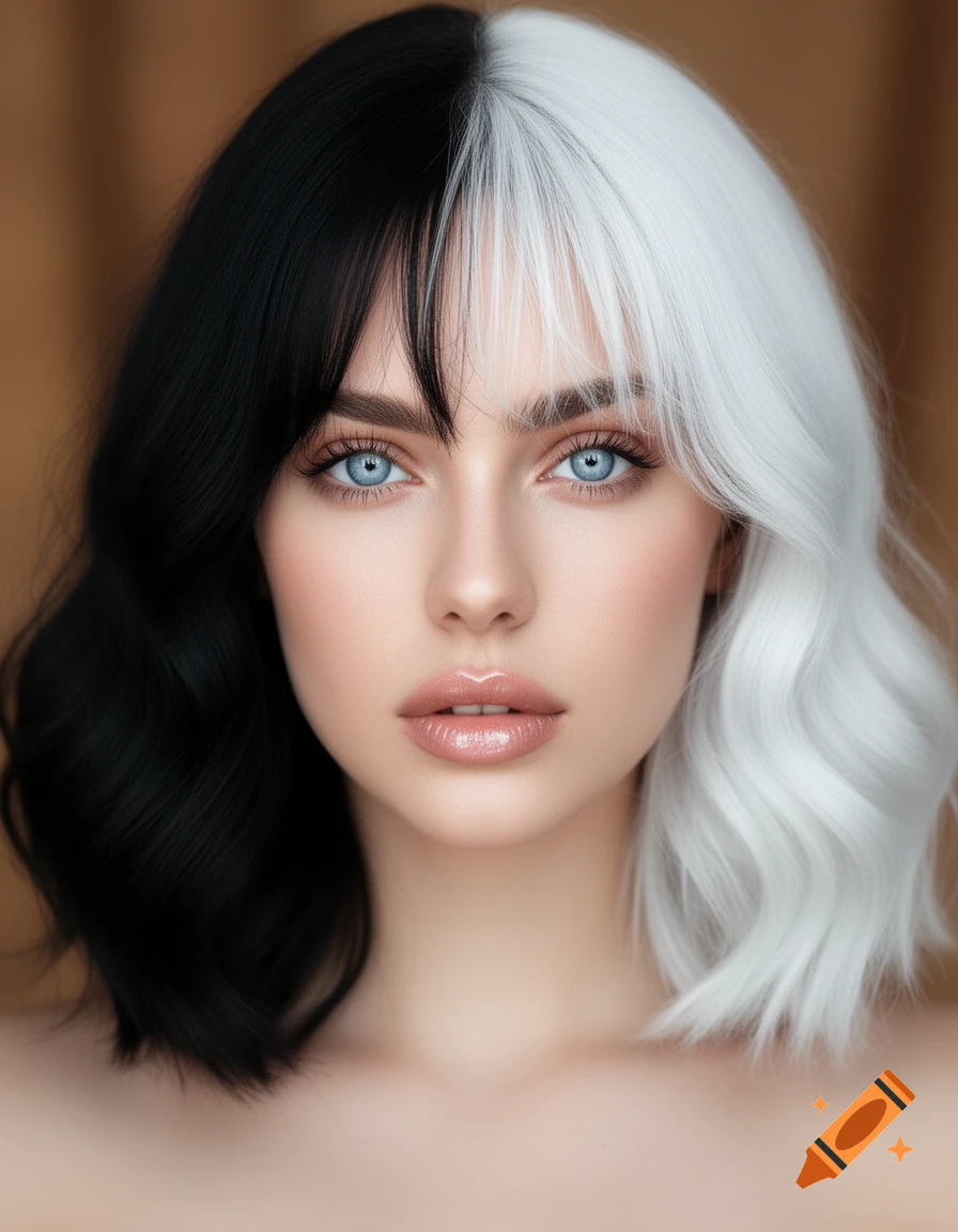 Photorealistic portrait of a young woman with split half black, half white wavy hair, blue eyes, and whispy bangs.