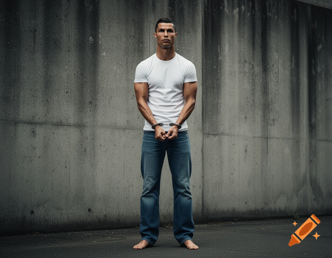 Photorealistic portrait of Cristiano Ronaldo, handcuffed and barefoot, standing seriously against a concrete wall.