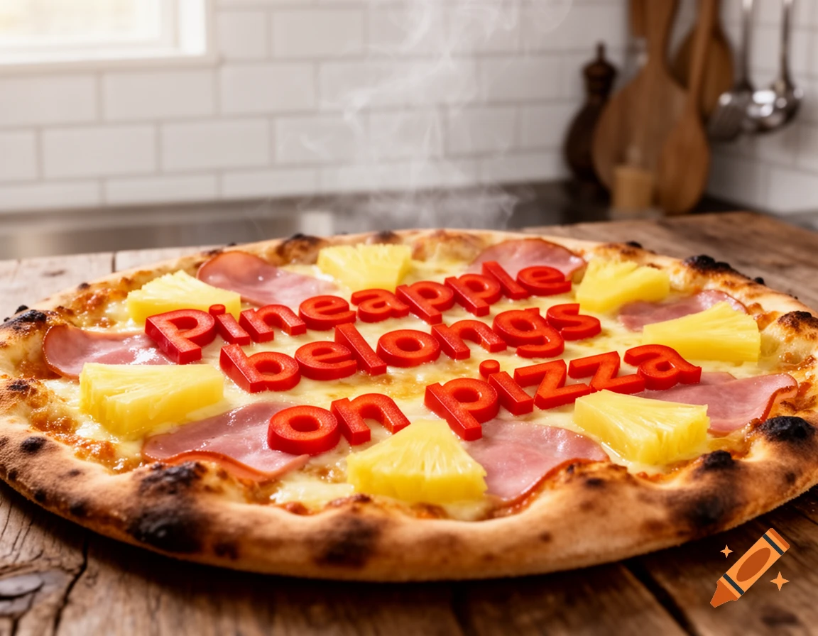 A hot Hawaiian pizza with red 3D letters spelling 'Pineapple belongs on pizza' on a wooden table.