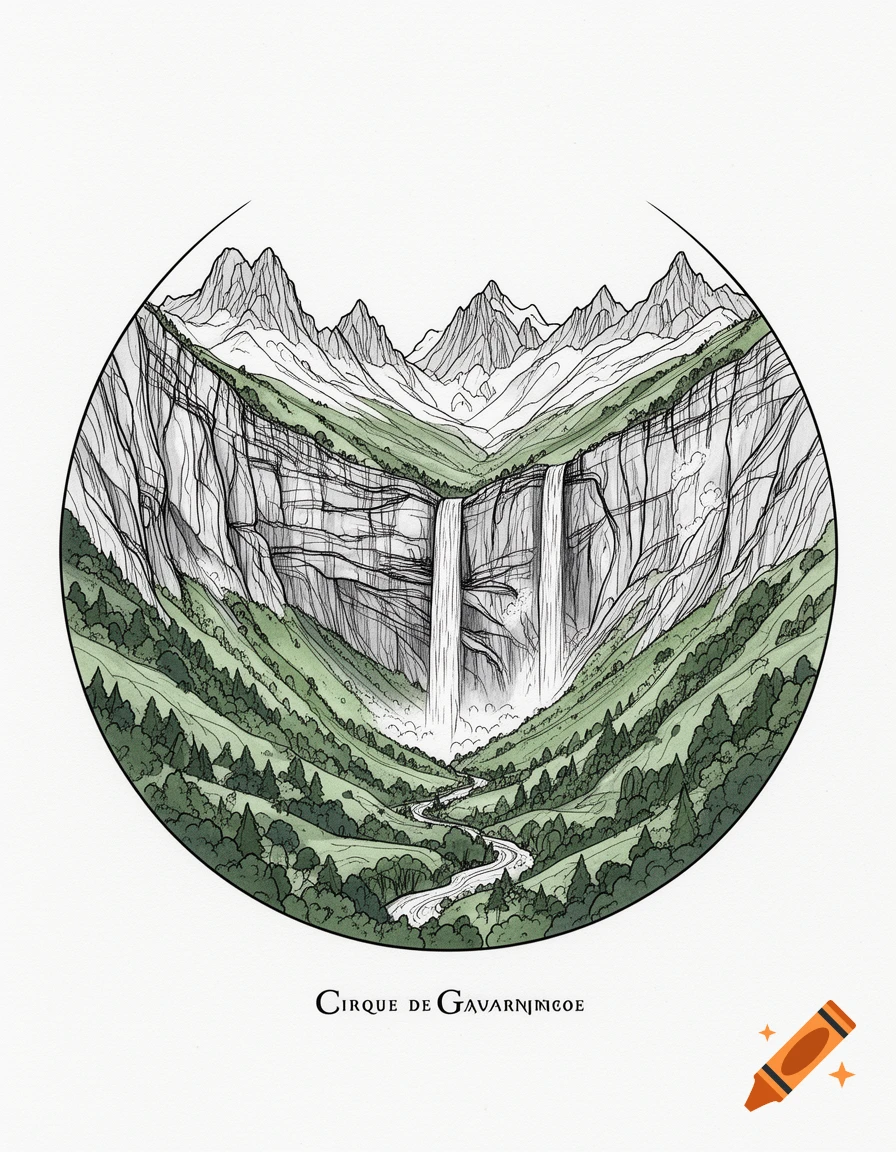 Line art illustration of a mountain cirque with a large waterfall, green valleys, and a winding river, all within a circular frame.