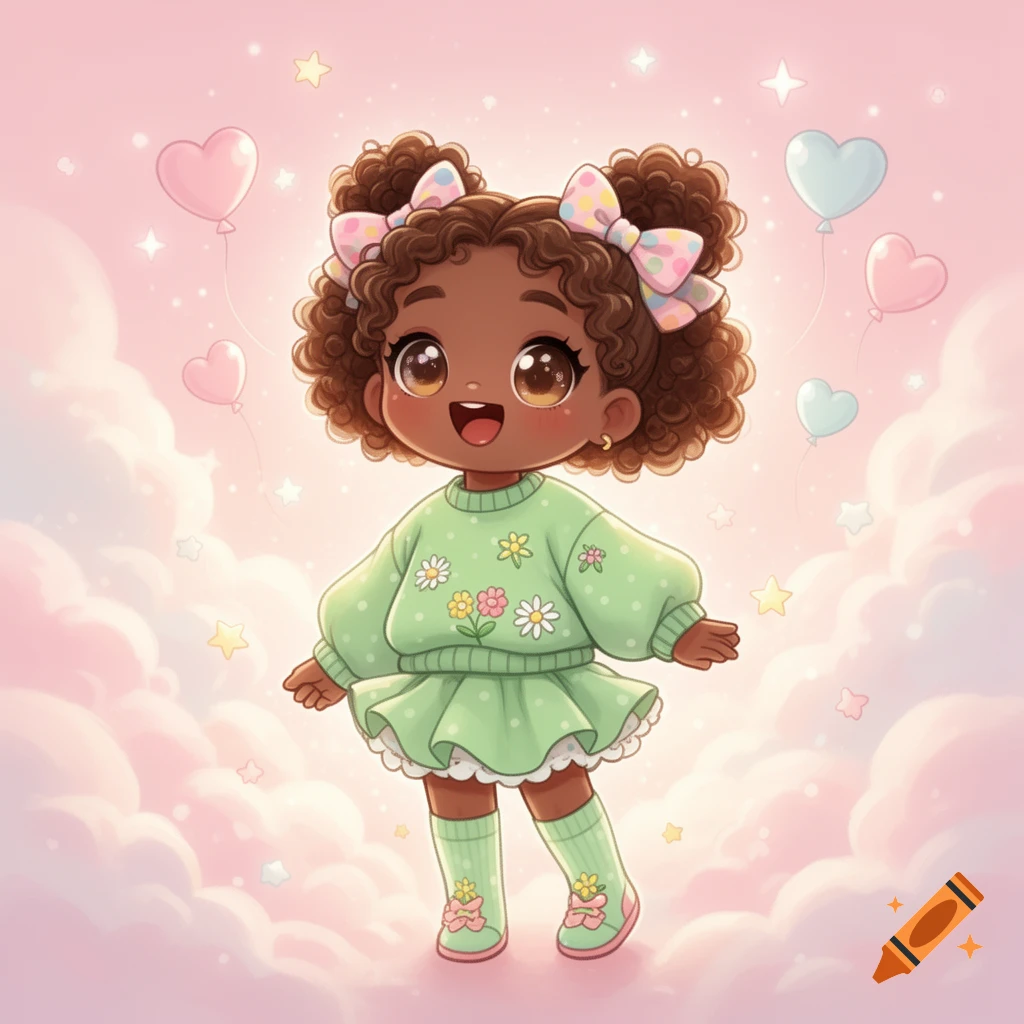 A smiling kawaii cartoon brown girl in a green outfit with flower patterns, curly pigtails, floating among pink clouds and heart balloons.