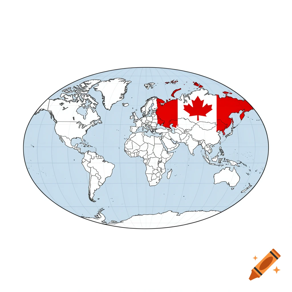A political world map in an oval projection, with the Canadian flag (red and white with a maple leaf) incorrectly overlaid on Russia.