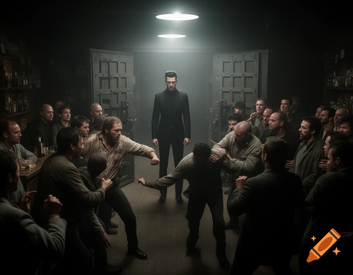 A man in a black suit stands in the center of a dimly lit, crowded room, surrounded by men in a tense, cinematic scene.