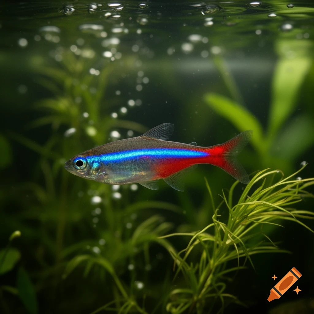 A vibrant neon tetra fish, with a bright blue stripe and red tail, swims in a clear aquarium among green aquatic plants and bubbles.