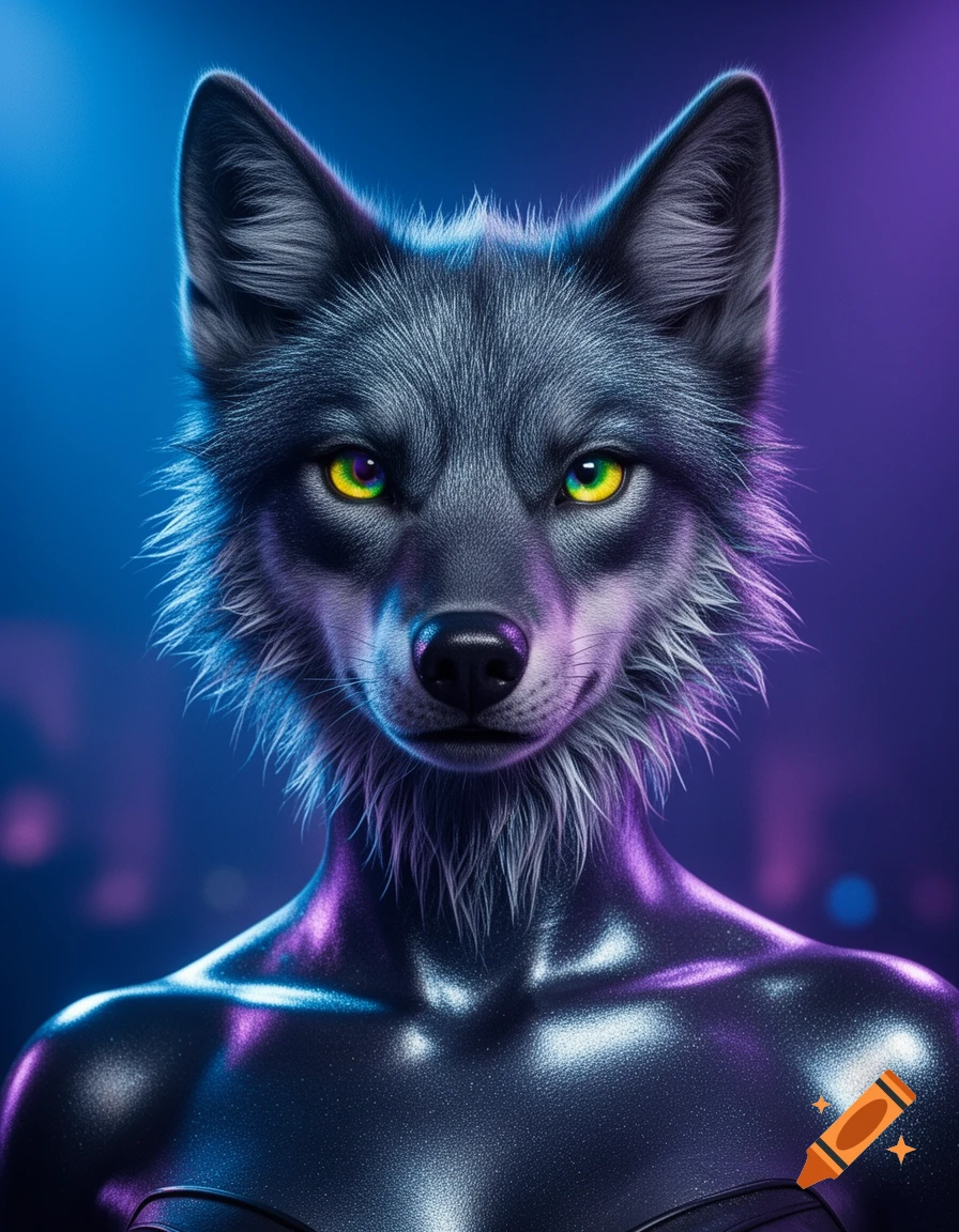 Close-up of a dark grey anthropomorphic wolf with glowing yellow-green eyes and a shiny metallic torso against a neon background.