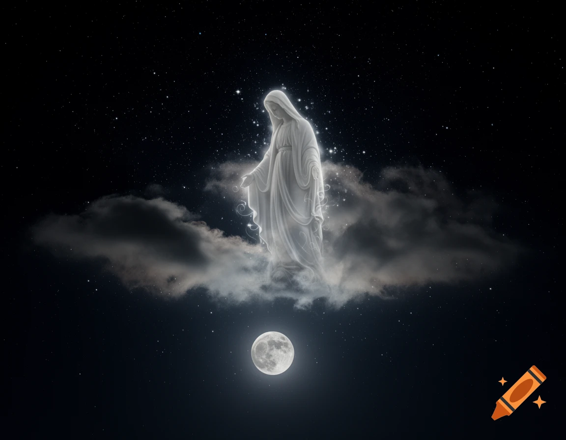 Ethereal white Virgin Mary figure stands on dark clouds in a starry night sky, with a full moon below.