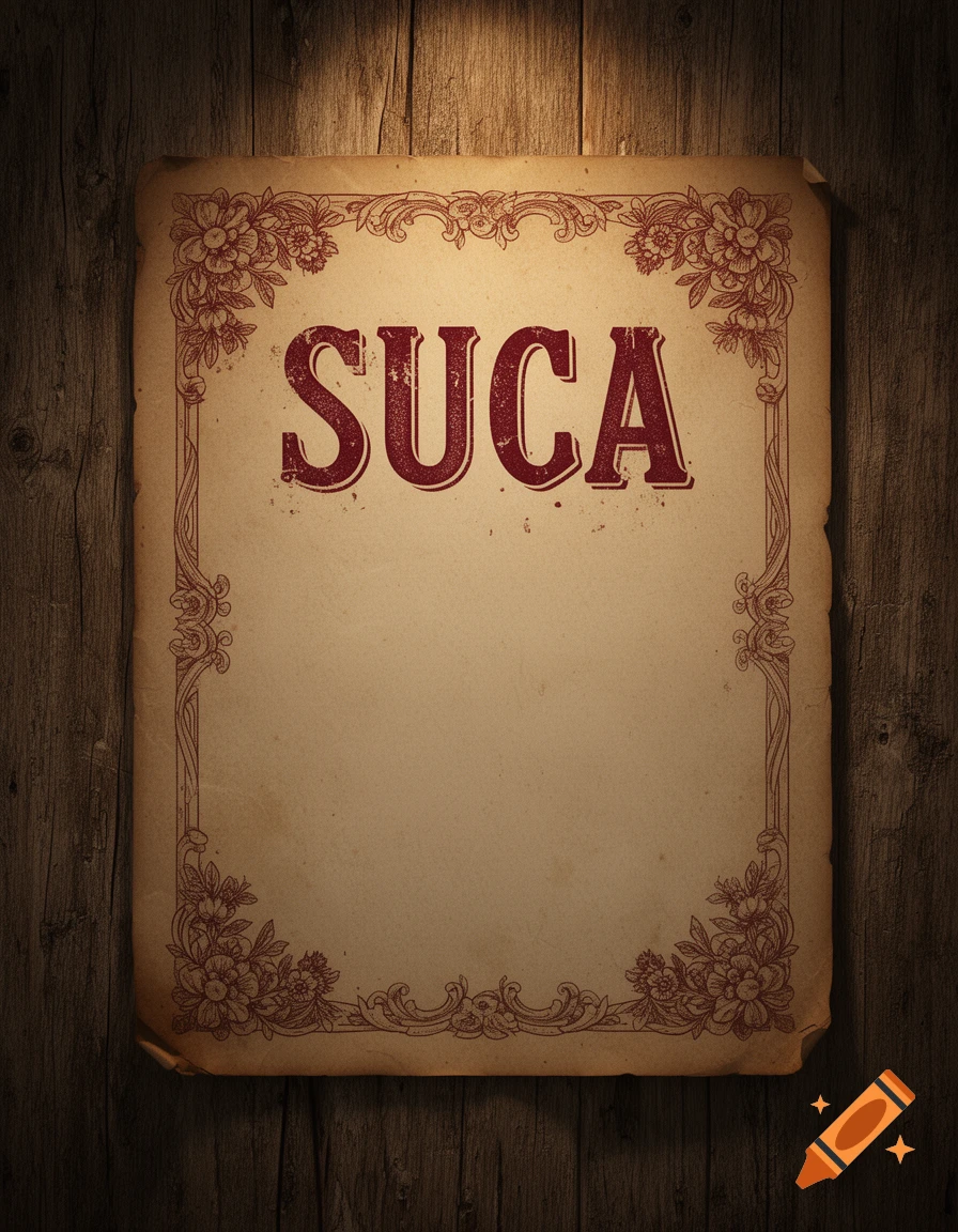 A vintage-style poster with ornate red borders and the word "SUCA" in distressed red text, tacked to a wooden background.