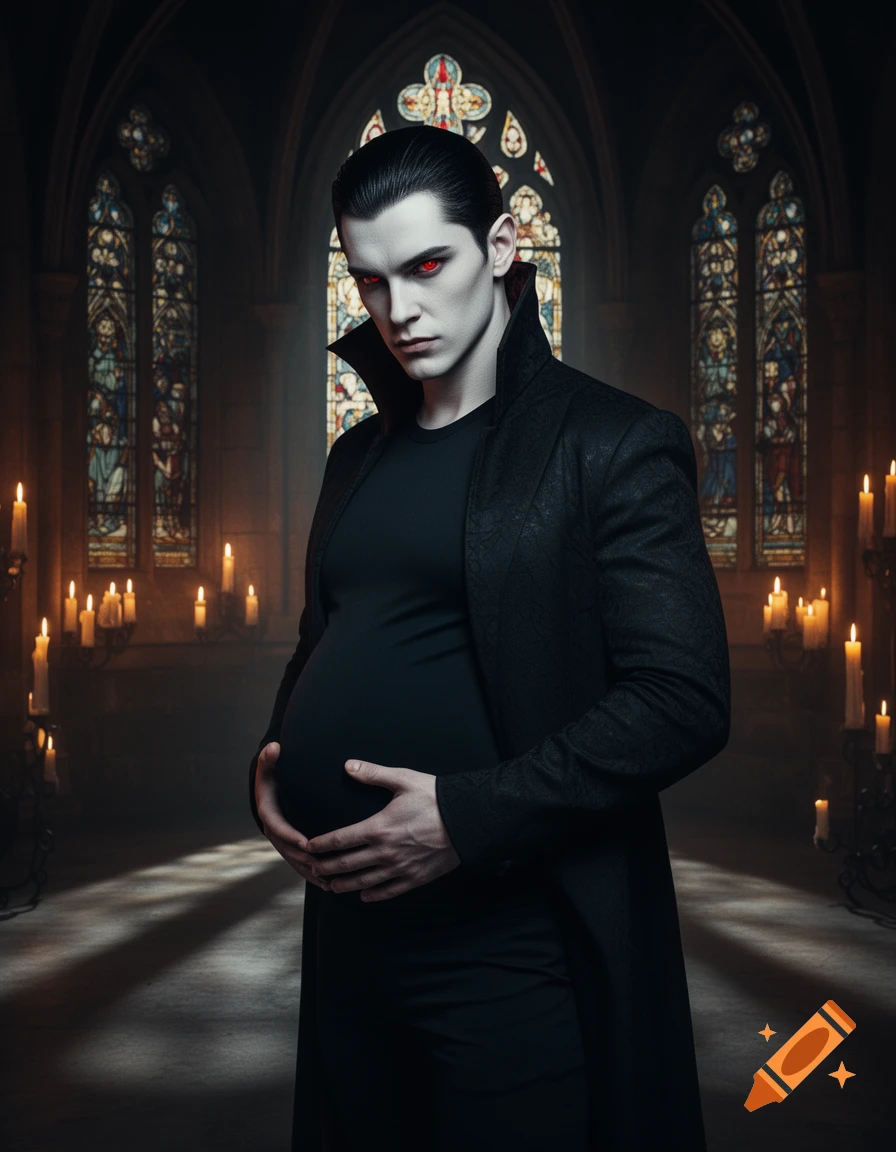 A pregnant vampire man with pale skin, red eyes, and black hair, holding his belly inside a candlelit gothic church.