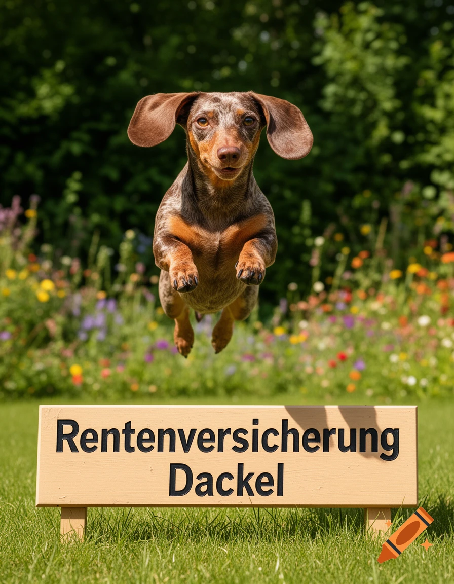 A dapple dachshund jumps high over a wooden sign that reads "Rentenversicherung Dackel" in a sunny, grassy field with blurred flowers.