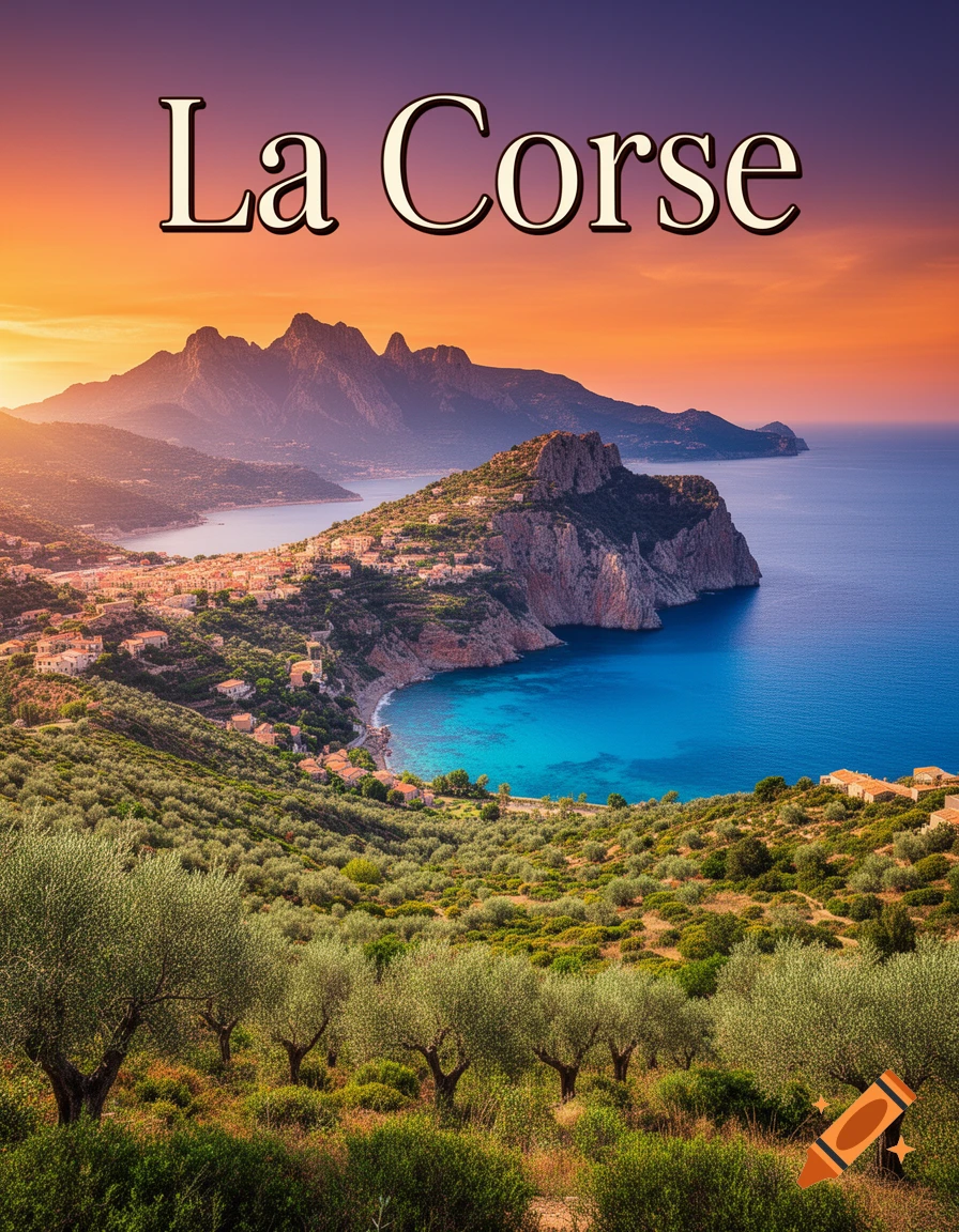 A vibrant sunset over a coastal town on a rugged island with green hills, blue sea, and mountains. Text reads 'La Corse'.