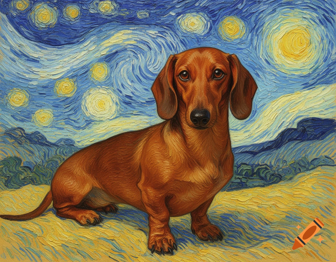 A brown dachshund sits in a landscape rendered in the style of Van Gogh, with swirling blue and yellow skies.