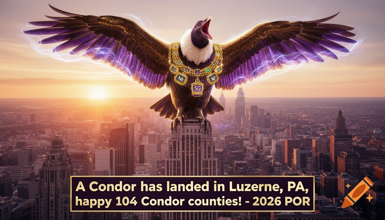 A giant condor with glowing purple wings and a gold chain necklace stands on a skyscraper overlooking a city at sunset, with a text banner below.