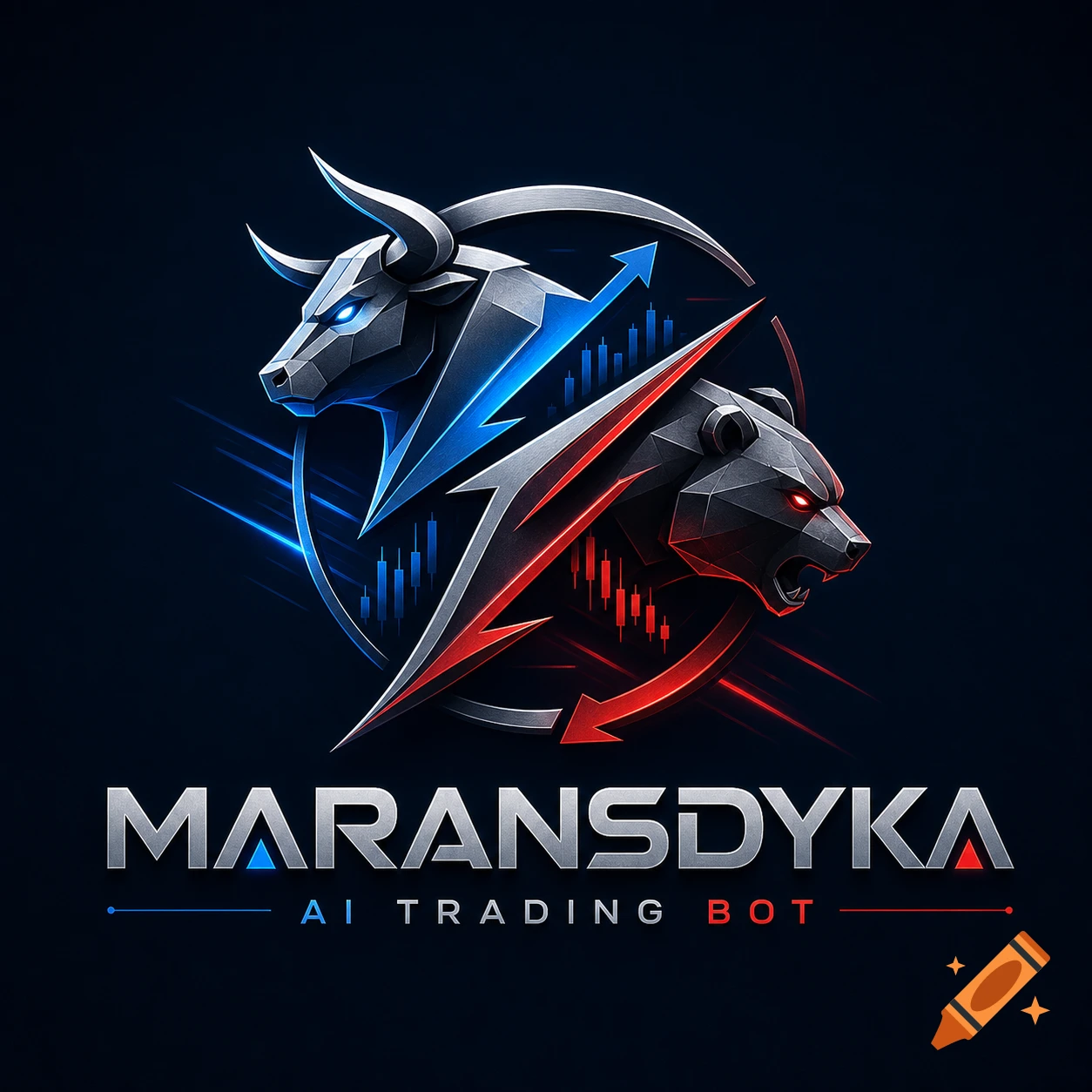 Stylized metallic bull and bear logo with arrows and candlestick charts, text 'MARANSDYKA AI TRADING BOT' below, on a dark background.