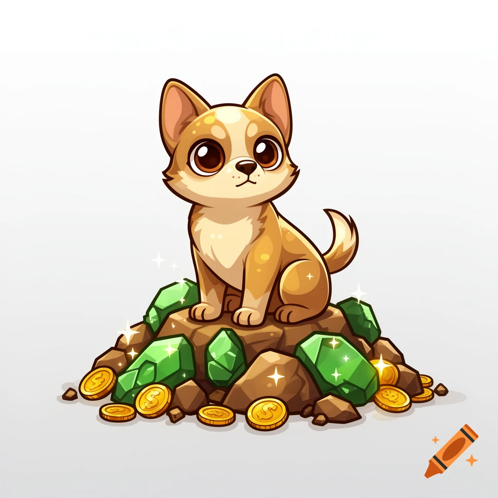 A cute cartoon light brown dog with big eyes sits on a pile of brown rocks, green emeralds, and gold coins.