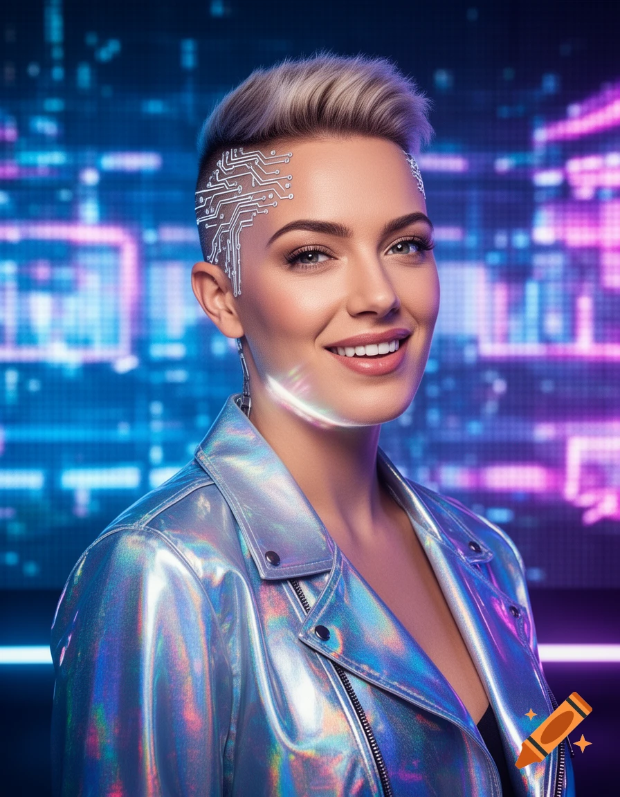 Photorealistic portrait of a smiling woman with blonde hair, circuit patterns on her head, wearing an iridescent silver jacket, against a neon digital grid background.