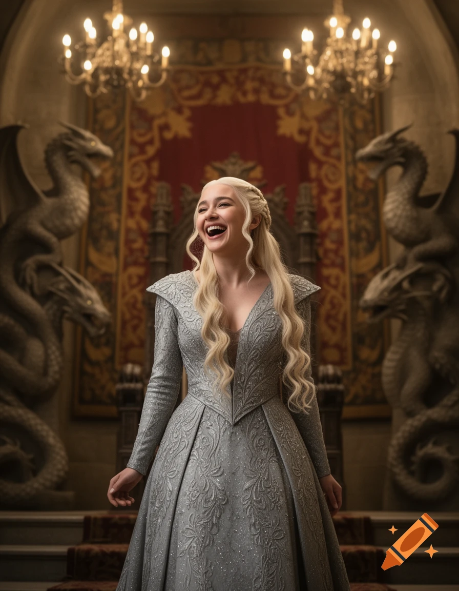 A blonde woman in an ornate silver dress laughs joyfully in a grand throne room with dragon statues.