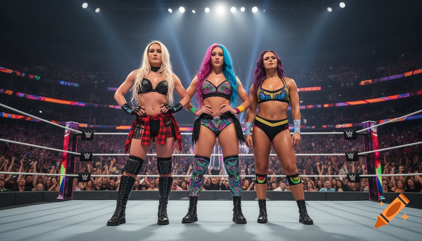 Three female wrestlers in colorful gear stand confidently in a WWE wrestling ring under bright spotlights.