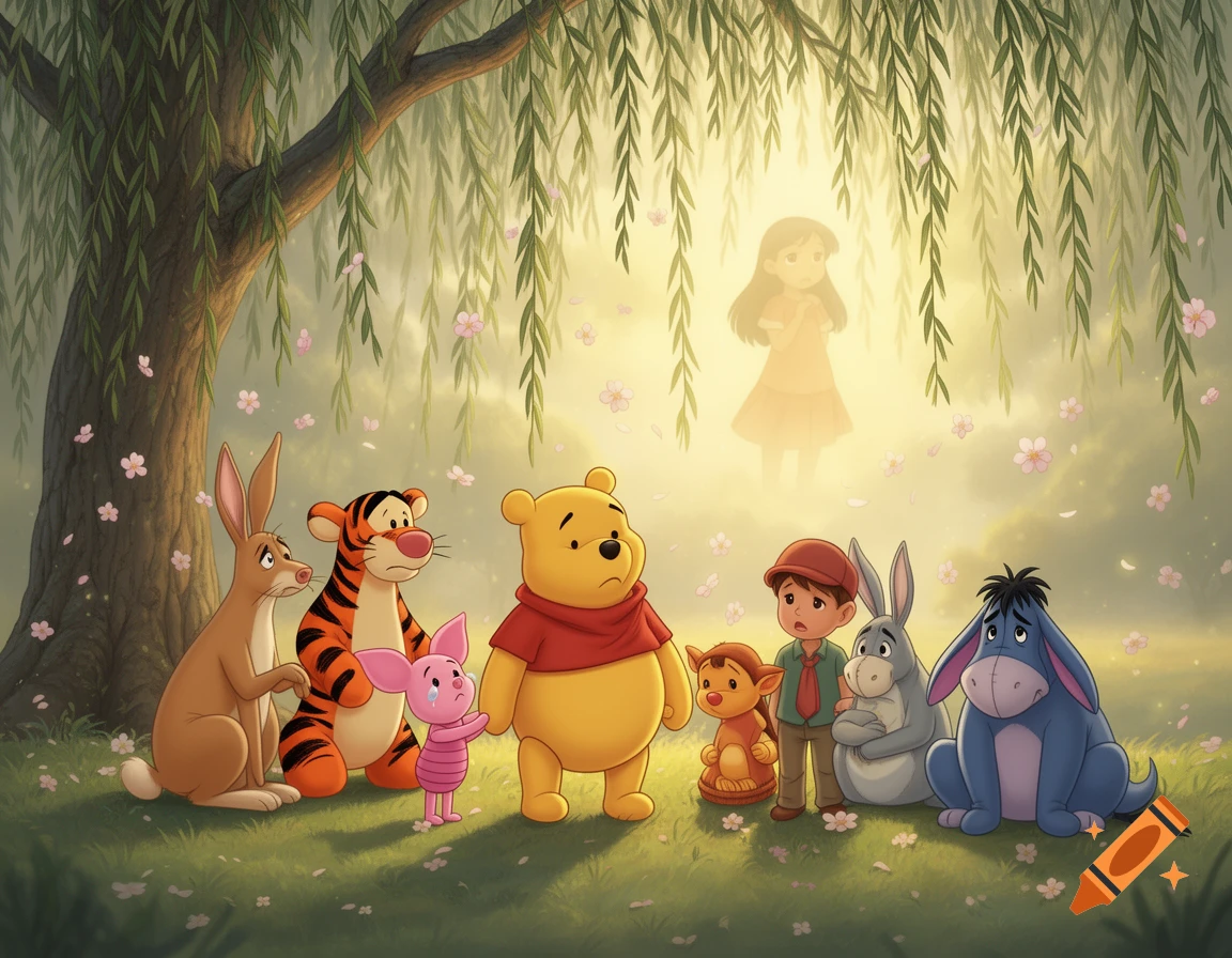Winnie the Pooh characters and Christopher Robin look sad under a willow tree at the ethereal, glowing figure of Lilo Pelekai, with pink flower petals falling.