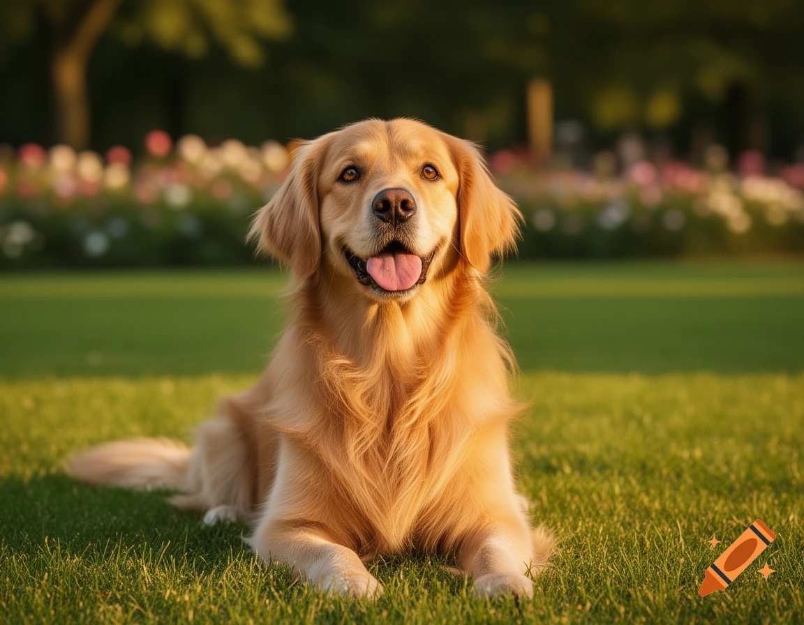 A happy golden retriever dog lies on lush green grass in a sunny park with flowers in the background, looking directly at the viewer.