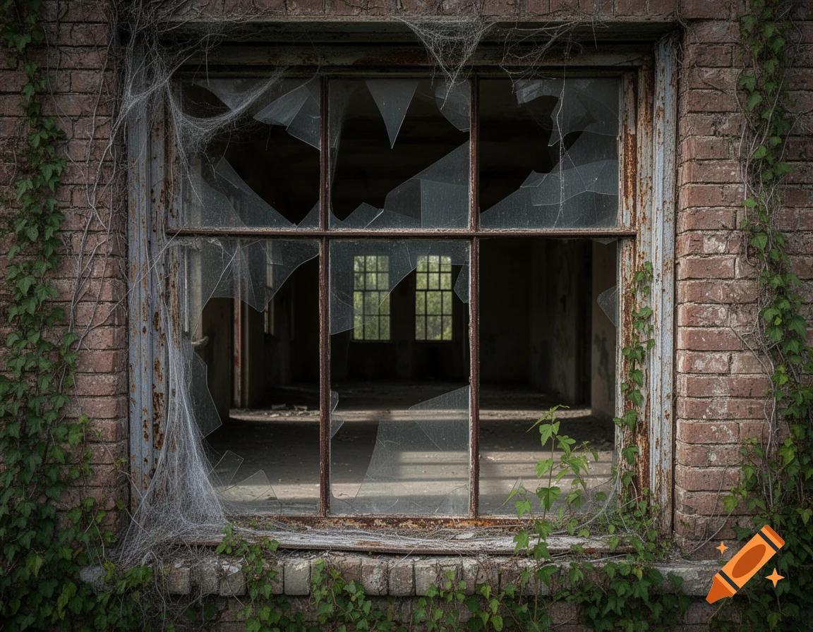 Photorealistic close-up of a broken, cobweb-covered window in a decrepit brick building with ivy, revealing a dark interior.