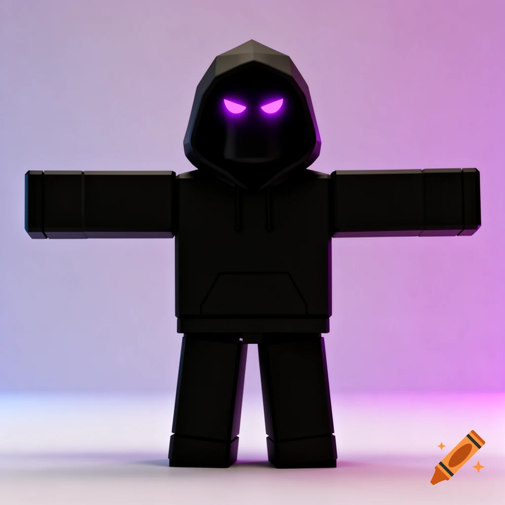 A blocky, dark silhouette Roblox avatar with glowing purple eyes, in a T-pose, against a gradient background.