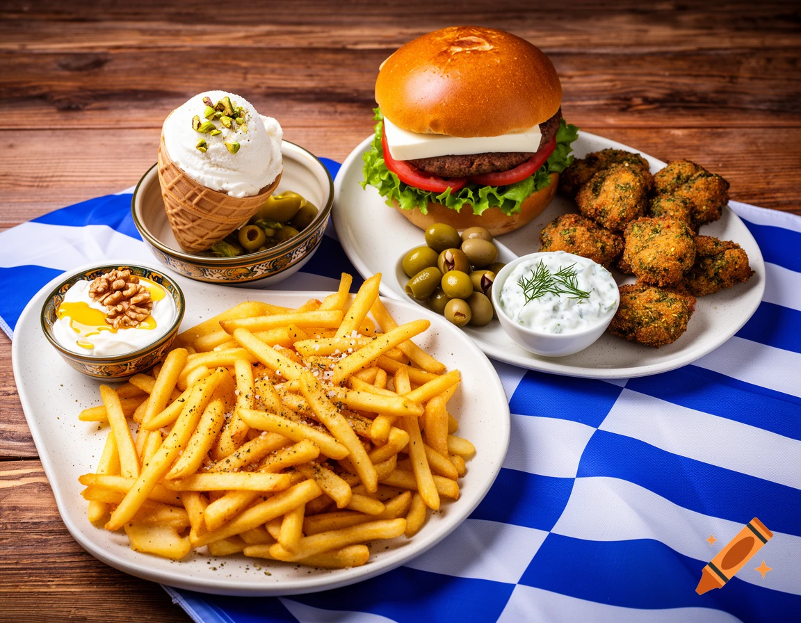 Greek food spread: fries, chicken nuggets, a burger, yogurt with honey, and pistachio ice cream on a blue and white tablecloth.