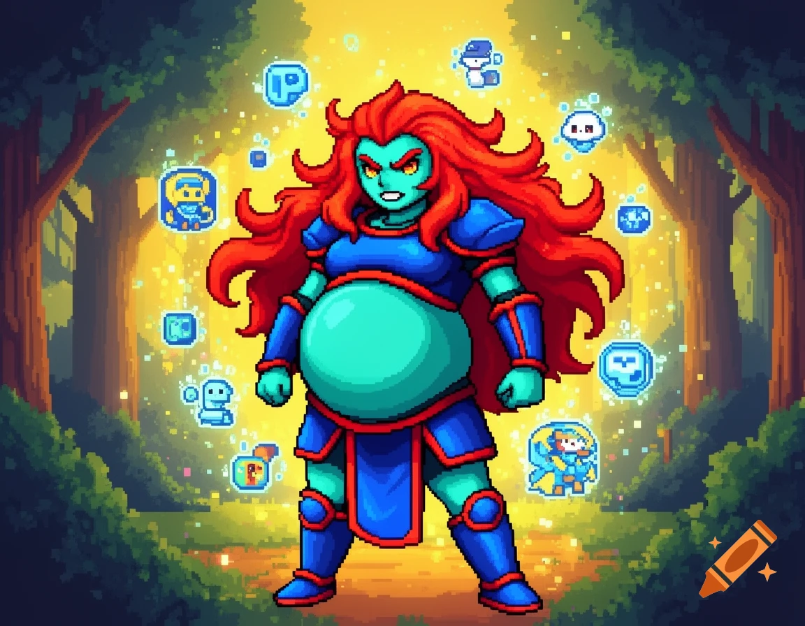 Pixel art of a pregnant Undyne in blue armor and red hair, standing in a magical forest with floating icons.