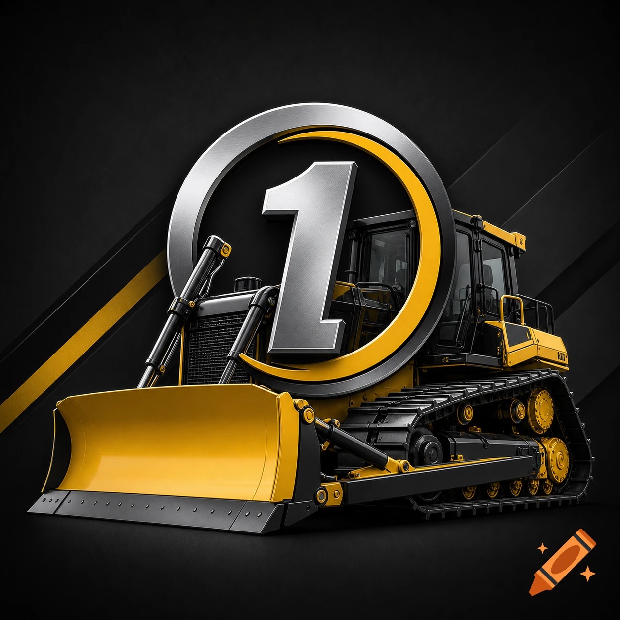 A stylized yellow and black bulldozer with a large metallic number 1 inside a silver ring.