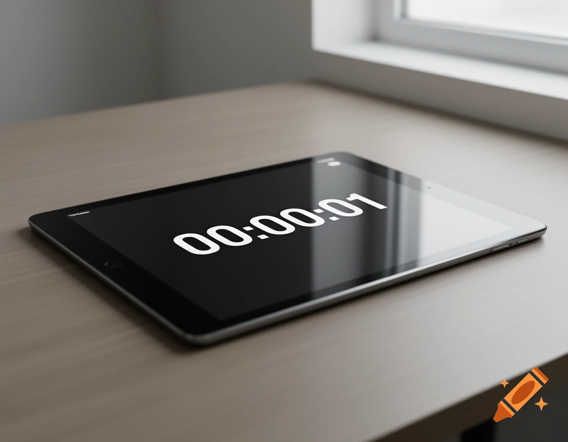 A silver iPad displaying '00:00:01' on a black screen, resting on a light wooden table near a window.
