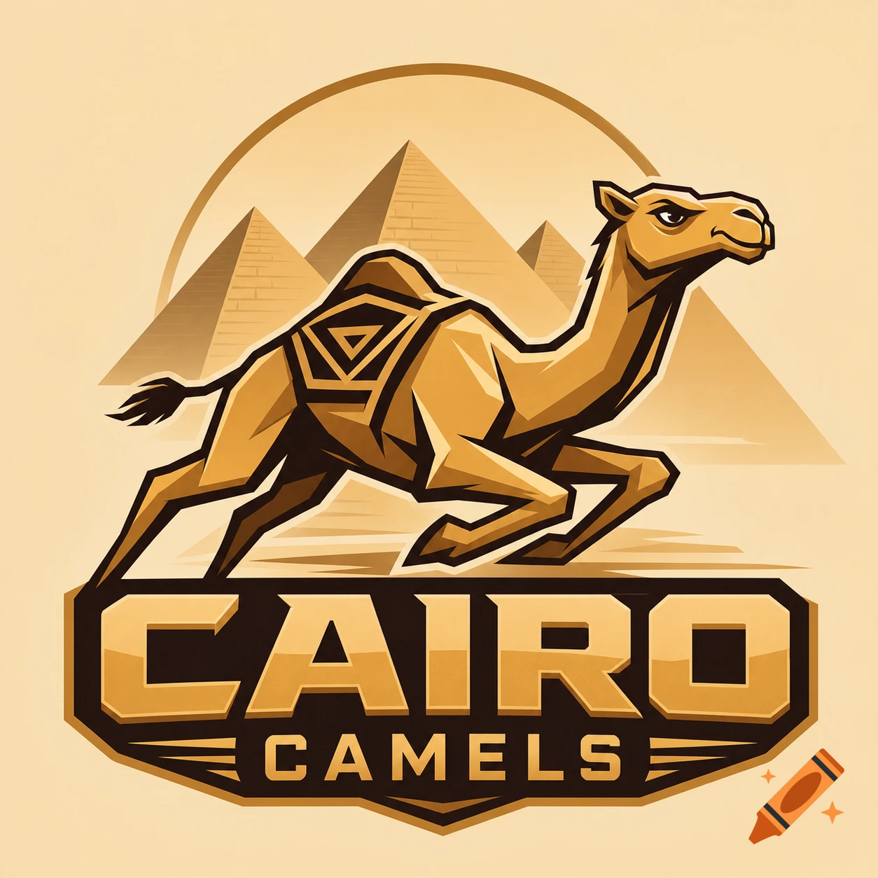 A stylized logo features a running camel in brown and gold, set against the backdrop of three pyramids, with "CAIRO" above "CAMELS" text below.